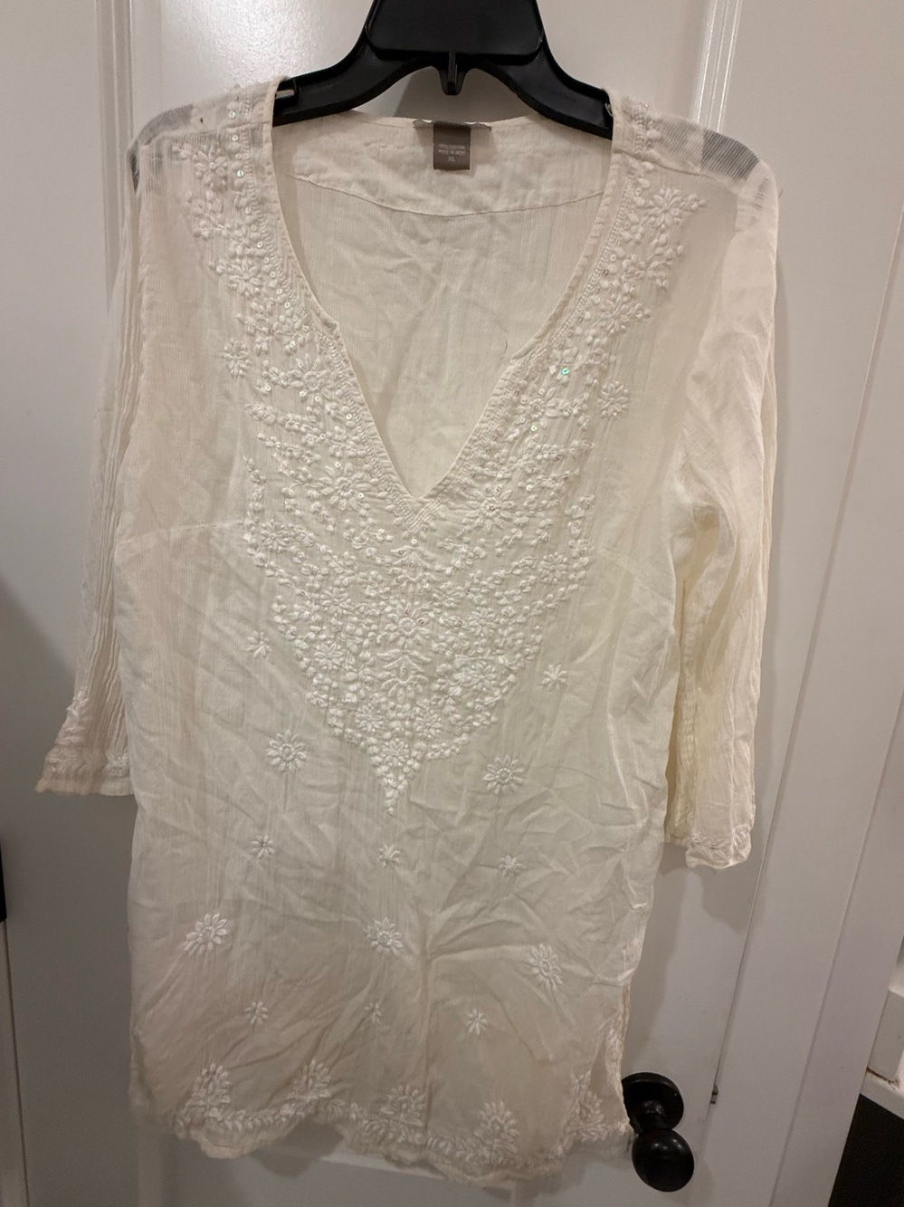 Lightweight Embroidered V-Neck Tunic Top - Cream